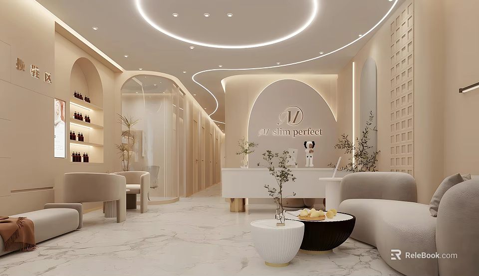 Elegant Modern Beauty Hair Salon Interior With Sofas Reception Counter And Green Plants 3d model 