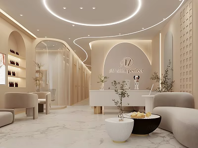 Elegant Modern Beauty Hair Salon Interior With Sofas Reception Counter And Green Plants 3d model