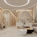 Elegant Modern Beauty Hair Salon Interior With Sofas Reception Counter And Green Plants