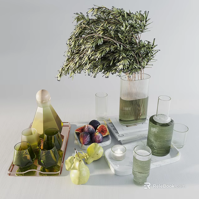 Elegant Decorative Ornament Set With Olive Branch Glass Vase Glass Cups Fresh Figs Tray And Small Candle For Home Decoration 3d model 