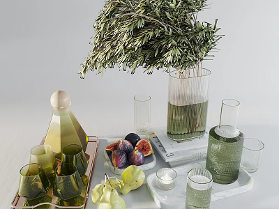 Elegant Decorative Ornament Set With Olive Branch Glass Vase Glass Cups Fresh Figs Tray And Small Candle For Home Decoration 3d model