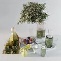 Elegant Decorative Ornament Set With Olive Branch Glass Vase Glass Cups Fresh Figs Tray And Small Candle For Home Decoration