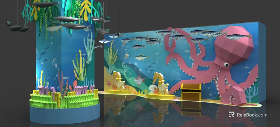 Vibrant Ocean Themed Interactive Zone With Sharks Octopus Seaweed And Seahorse Decor 3d model 