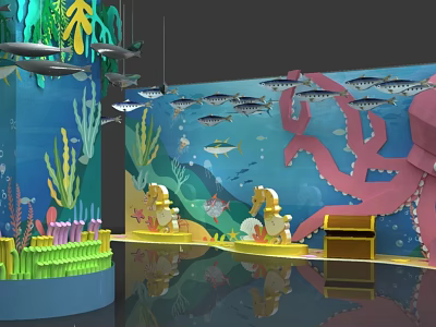 Vibrant Ocean Themed Interactive Zone With Sharks Octopus Seaweed And Seahorse Decor 3d model