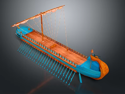 Ancient Wooden Sailing Ship With Blue Hull Orange Bow And Stern And Oars 3d model