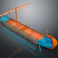 Ancient Wooden Sailing Ship With Blue Hull Orange Bow And Stern And Oars