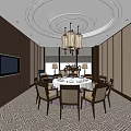 Elegant Private Dining Room With Round Table Chandelier TV Patterned Carpet And Chairs 3d model