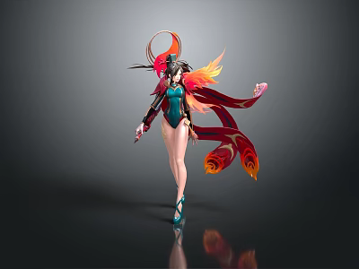 Fantasy Female Character with Phoenix Themed Wings and Flowing Red Orange Scarves in Green Outfit 3d model