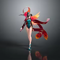 Fantasy Female Character with Phoenix Themed Wings and Flowing Red Orange Scarves in Green Outfit