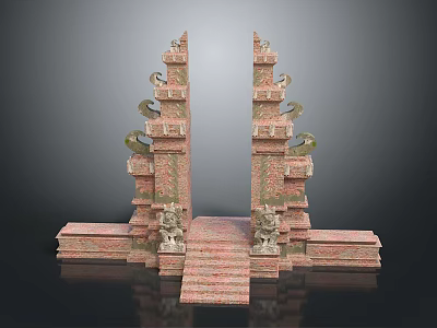 Traditional Symmetric Stone Carved Gate Structure With Steps And Decorative Ornaments 3d model