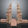 Traditional Symmetric Stone Carved Gate Structure With Steps And Decorative Ornaments