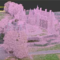 Cartoon Scenery Featuring Castle with Towers Green Lawn Trees River Bridge and Car