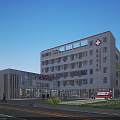 Modern Multi Story Hospital Building With Red Cross Sign Glass Facade And Ambulance
