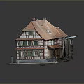 Multi Gable Traditional Half Timbered Building Model With Red Tile Roof And Green Windows