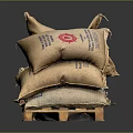 Multiple Hessian Sandbags With Branded Logos Stacked On Industrial Wooden Pallet