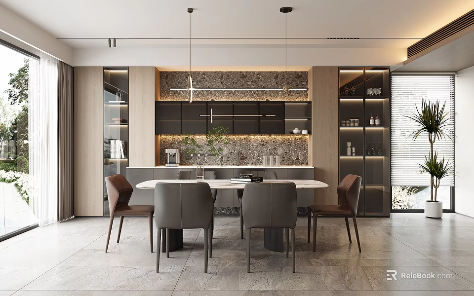 Modern Restaurant Interior With Rectangular Dining Table Grey Chairs And Pendant Lights 3d model