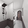 Modern Bathroom Interior Design With White Black Grid Tiles Round Mirror And White Sink Vanity