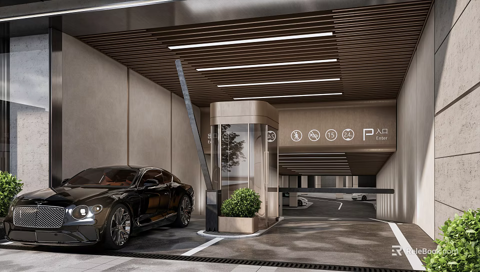 Modern Parking Garage Entrance With Luxury Car Glass Elevator And Green Plant 3d model 