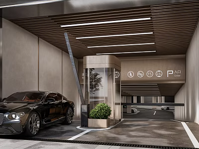 Modern Parking Garage Entrance With Luxury Car Glass Elevator And Green Plant 3d model