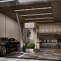 Modern Parking Garage Entrance With Luxury Car Glass Elevator And Green Plant
