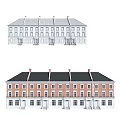 Red Brick And White School Building With Black Roof Multiple Windows And Chimneys
