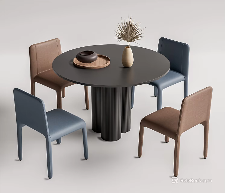 Modern Round Black Dining Table Set With Two Brown Two Blue Chairs Vase Reed Tray 3d model