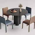 Modern Round Black Dining Table Set With Two Brown Two Blue Chairs Vase Reed Tray 3d model