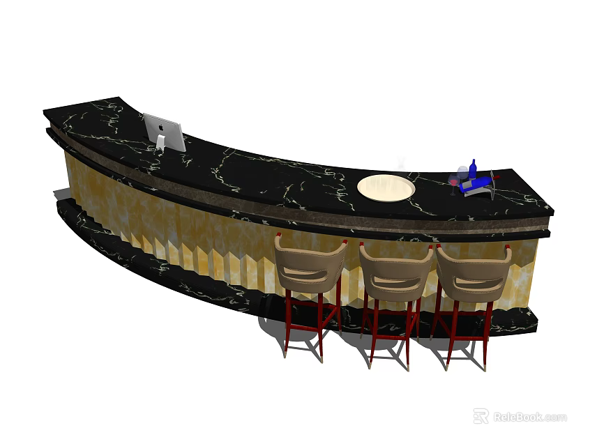 Curved Bar Counter With Black Marble Countertop Golden Base And Three High Stools 3d model 