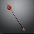 Red And Golden Spear With Flame Shaped Head And Intricate Shaft Design