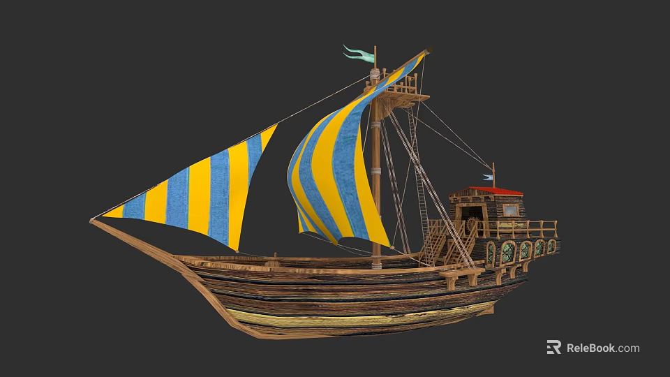 Vintage Wooden Sailing Ship With Blue And Yellow Striped Sails And Intricate Decorative Details 3d model 
