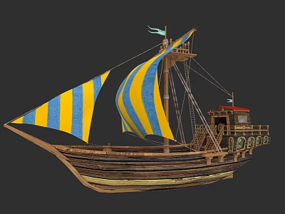 Vintage Wooden Sailing Ship With Blue And Yellow Striped Sails And Intricate Decorative Details 3d model
