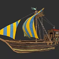 Vintage Wooden Sailing Ship With Blue And Yellow Striped Sails And Intricate Decorative Details