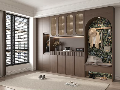 Modern Wooden Shoe Cabinet With Storage Bench Hanging Hooks And Decorative Wall Art 3d model