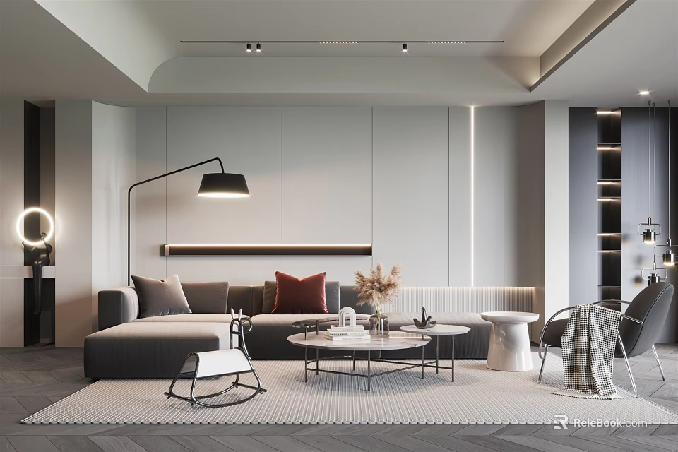 Modern Living Room Interior Design With Grey Sofa Coffee Table And Floor Lamp 3d model 