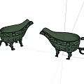 Vintage Bronze Decorative Ornament Set with Green Surface Black Patterns and Three Legged Design