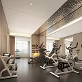Modern Fitness Gym Interior With Spin Bikes Dumbbell Racks Treadmills Wooden Walls And Mirror Panels