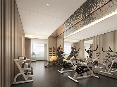 Modern Fitness Gym Interior With Spin Bikes Dumbbell Racks Treadmills Wooden Walls And Mirror Panels 3d model
