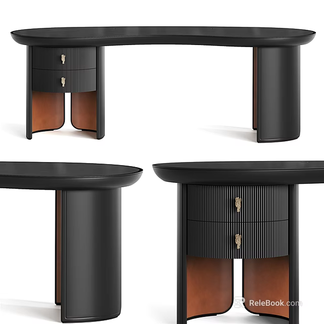 Modern Desk Interior Design With Black Cylindrical Legs And Wooden Drawers 3d model 