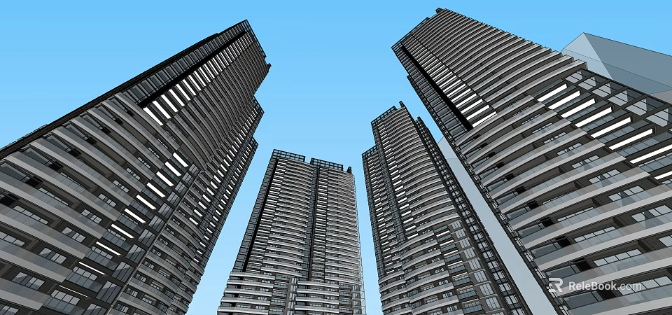 Modern High Rise Building Exteriors With Glass Curtain Walls And Blue Sky Background 3d model 