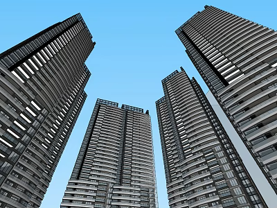 Modern High Rise Building Exteriors With Glass Curtain Walls And Blue Sky Background 3d model