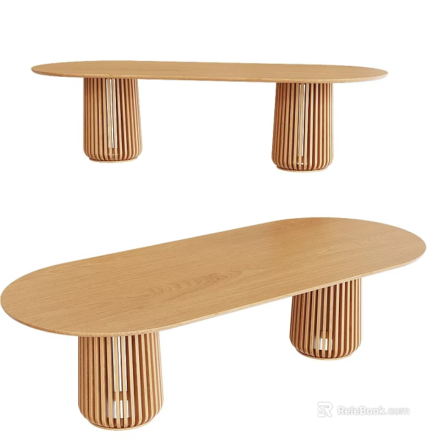 Modern Wooden Dining Table With Oval Top And Vertical Slat Legs Design 3d model 