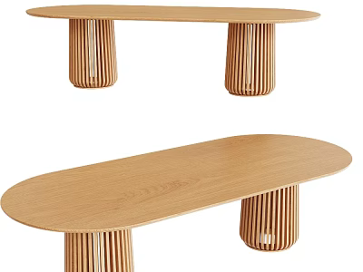Modern Wooden Dining Table With Oval Top And Vertical Slat Legs Design 3d model
