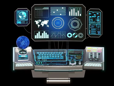 High Tech Computer Control Panel with Multiple Displays Data Charts and Globe Interface 3d model