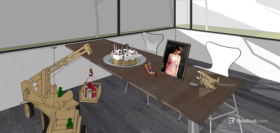 Family Dining Table Set With Birthday Cake Photo Frame Toys And Chairs 3d model 
