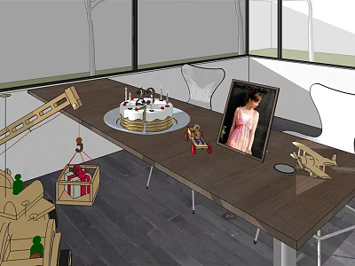 Family Dining Table Set With Birthday Cake Photo Frame Toys And Chairs 3d model