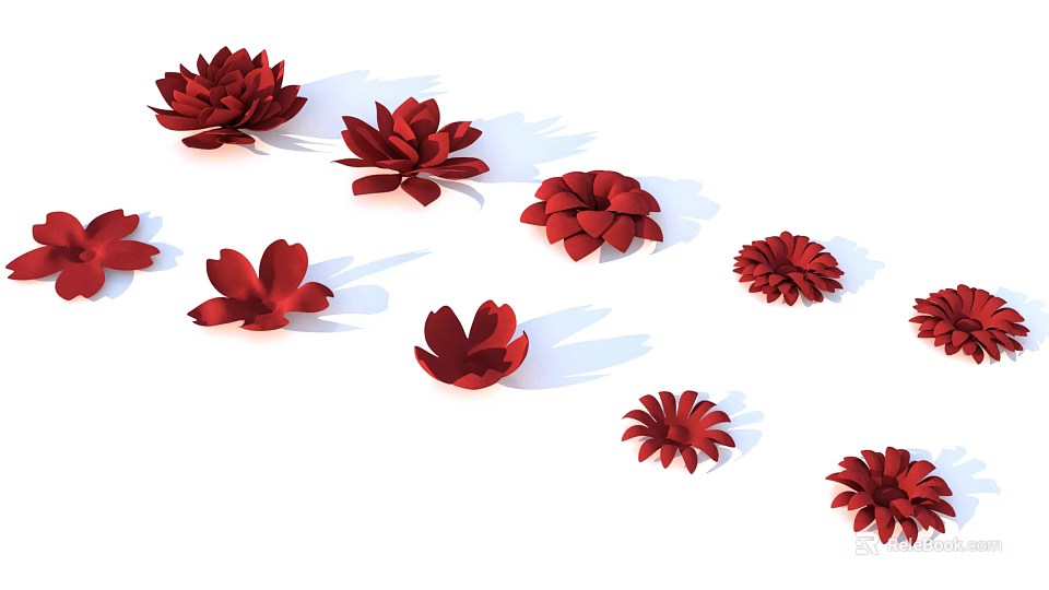 Multiple Red Flower Decorative Hanging Ornaments with Shadows on White Background 3d model