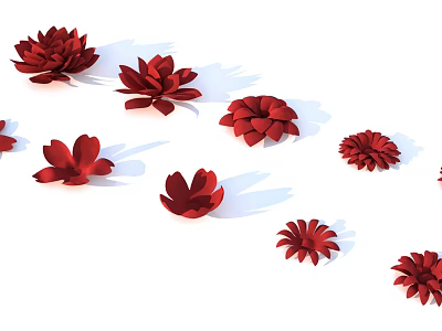Multiple Red Flower Decorative Hanging Ornaments with Shadows on White Background 3d model