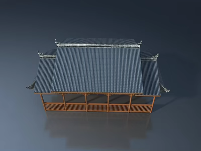 Side hung Door in Traditional Wooden Building with Tile Roof and Railing Platform 3d model