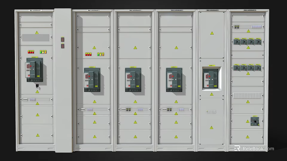 Industrial Equipment Control Cabinets With Multiple Doors Indicator Lights And Safety Symbols 3d model 