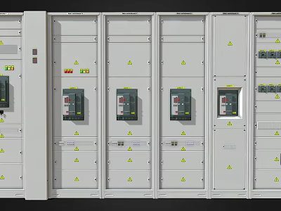 Industrial Equipment Control Cabinets With Multiple Doors Indicator Lights And Safety Symbols 3d model